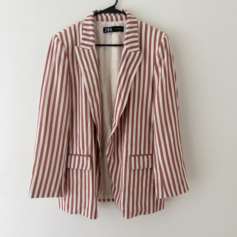 ZARA Size Womens Blazer L Red White Striped Open Nautical Summer Preppy Carnival